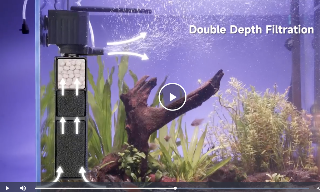 AQQA Filtre Aquarium, 4 en 1 Puissant Pompe Aquarium Silencieuse avec Triple Filtration, 450L/H Débit Réglable Filtre Intérieur pour Réservoir Jusqu'à 120L Tiliapia