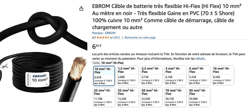 Câble de batterie très flexible Hi-Flex (Hi Flex) 10 mm² Au mètre en noir - Très flexible Gaine en PVC (70 ± 5 Shore) 100% cuivre 10 mm²  à 95 mm2 Comme câble de démarrage, câble de chargement ou autre EBROM 